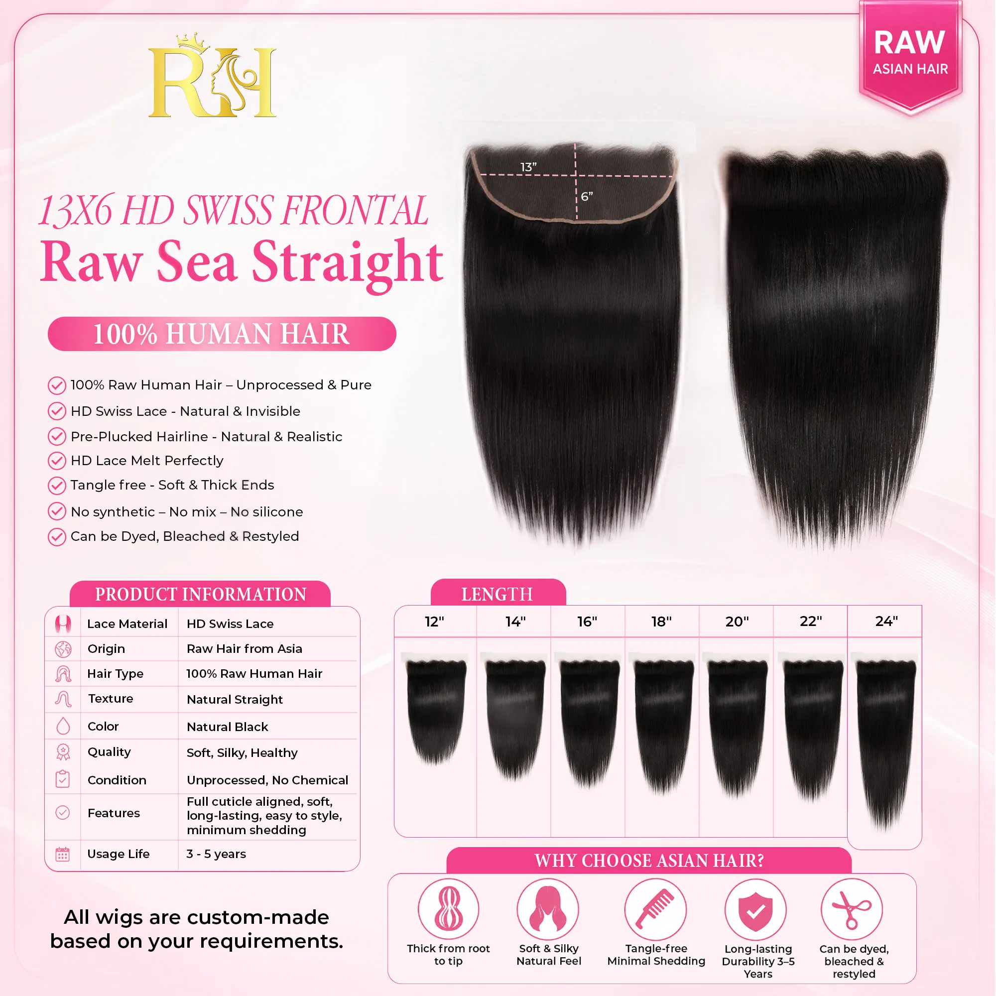 13X6 Straight HD Swiss Frontal