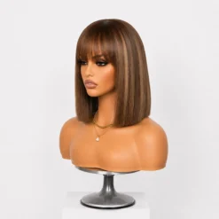 [PRE-ORDER] Ash Blonde Highlights with Dark Brown Base Yaki Blunt Cut Bob HD Lace Wig - Image 4
