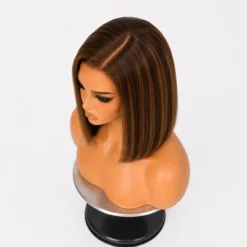 Alternative view of [PRE-ORDER] Ash Blonde Highlights with Dark Brown Base Yaki Blunt Cut Bob HD Lace Wig