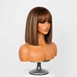 [PRE-ORDER] Ash Blonde Highlights with Dark Brown Base Yaki Blunt Cut Bob HD Lace Wig - Image 3