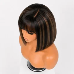 Alternative view of [PRE-ORDER] Blonde Highlight Yaki Straight Blunt Cut Bob HD Lace Short Wig with Bangs