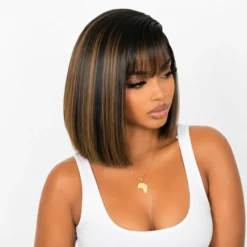 [PRE-ORDER] Blonde Highlight Yaki Straight Blunt Cut Bob HD Lace Short Wig with Bangs - Image 11