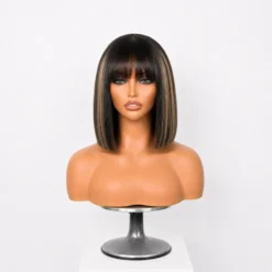 [PRE-ORDER] Blonde Highlight Yaki Straight Blunt Cut Bob HD Lace Short Wig with Bangs