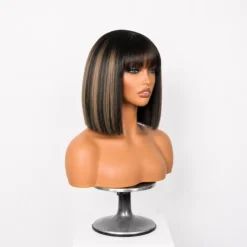 [PRE-ORDER] Blonde Highlight Yaki Straight Blunt Cut Bob HD Lace Short Wig with Bangs - Image 3