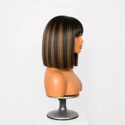 [PRE-ORDER] Blonde Highlight Yaki Straight Blunt Cut Bob HD Lace Short Wig with Bangs - Image 4