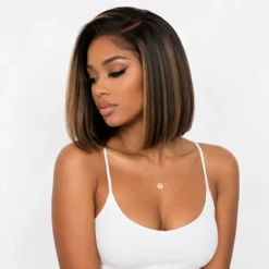 [PRE-ORDER] Blonde Highlight Yaki Straight Blunt Cut Bob HD Lace Short Wig with Bangs - Image 12