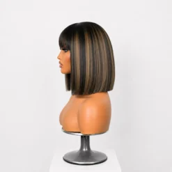 [PRE-ORDER] Blonde Highlight Yaki Straight Blunt Cut Bob HD Lace Short Wig with Bangs - Image 5