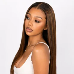 [Pre-Order] Chestnut Brown with Honey Blonde Highlights Silky Straight HD Lace Wig - Image 11