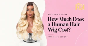 How much does a human hair wig cost? Blonde wavy wig on a Raw Hairs Global pricing guide cover.