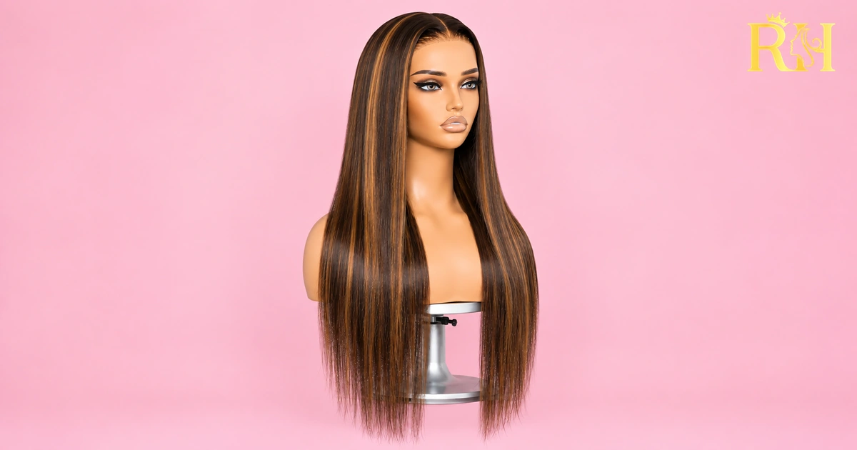 Long straight chestnut brown wig with honey blonde highlights on a mannequin.