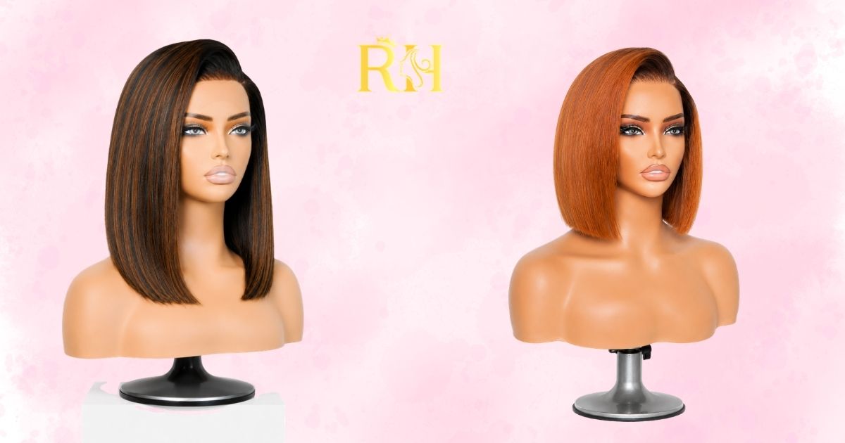 Black and copper human hair wigs on mannequin heads - Raw Hair Luxury Canada